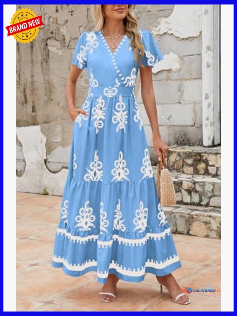 Boho Maxi Dress with Pockets Tiered Bell Sleeve - Picture 3 of 7